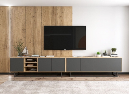 Komoda RTV, loft, NORD, 150x35x53 cm, dąb wotan, grafit, mat