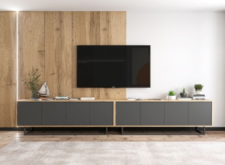 Komoda RTV, loft, NORD, 150x35x53 cm, dąb wotan, grafit, mat