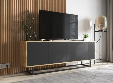 Komoda RTV, loft, NORD, 150x35x53 cm, dąb wotan, czarny, mat