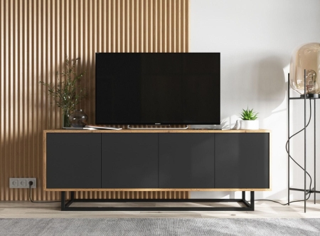 Komoda RTV, loft, NORD, 150x35x53 cm, dąb wotan, czarny, mat