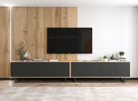 Komoda RTV, loft, NORD, 150x35x53 cm, dąb wotan, czarny, mat
