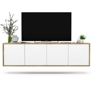 Wisząca szafka RTV, NORD, 150x35x39 cm, dąb wotan, biel, mat