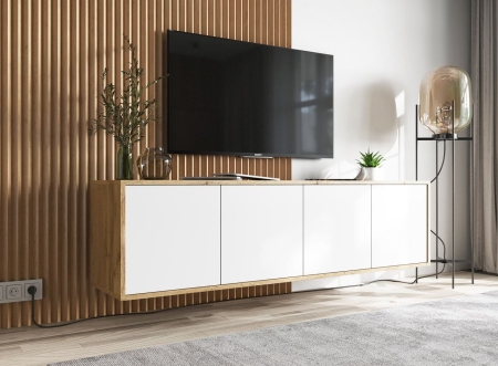 Wisząca szafka RTV, apollo, 150x35x39 cm, dąb wotan, biel, mat