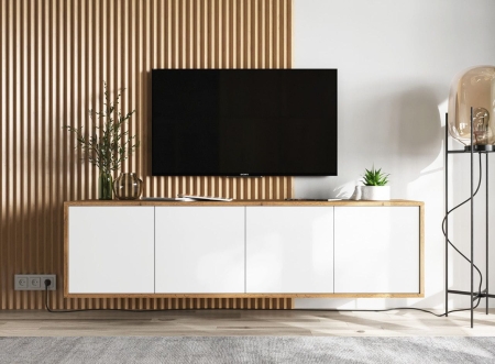 Wisząca szafka RTV, NORD, 150x35x39 cm, dąb wotan, biel, mat