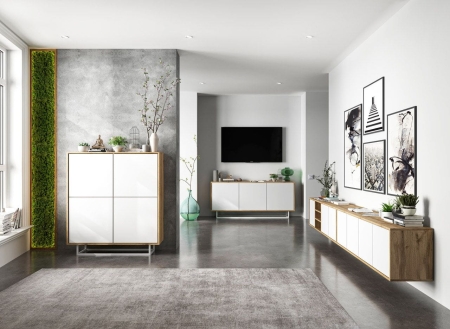 Wisząca szafka RTV, apollo, 150x35x39 cm, dąb wotan, biel, mat