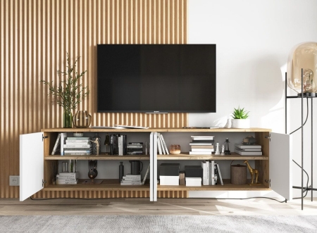 Wisząca szafka RTV, NORD, 150x35x39 cm, dąb wotan, biel, mat