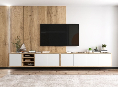 Wisząca szafka RTV, NORD, 150x35x39 cm, dąb wotan, biel, mat