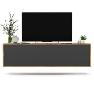 Wisząca szafka RTV, NORD, 150x35x39 cm, dąb wotan, grafit, mat