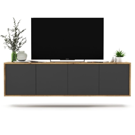 Wisząca szafka RTV, NORD, 150x35x39 cm, dąb wotan, grafit, mat