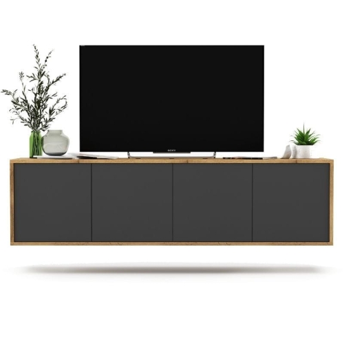 Przejdź do produktu Wisząca szafka RTV, NORD, 150x35x39 cm, dąb wotan, grafit, mat