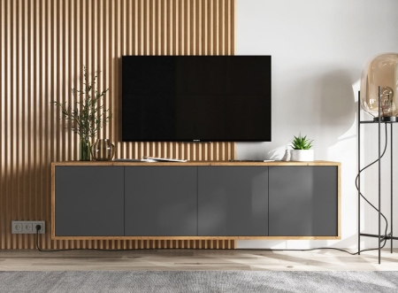 Wisząca szafka RTV, NORD, 150x35x39 cm, dąb wotan, grafit, mat