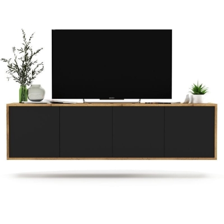 Wisząca szafka RTV, NORD, 150x35x39 cm, dąb wotan, czarny, mat