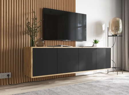Wisząca szafka RTV, NORD, 150x35x39 cm, dąb wotan, czarny, mat