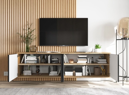 Wisząca szafka RTV, NORD, 150x35x39 cm, dąb wotan, czarny, mat