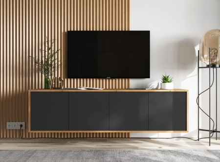 Wisząca szafka RTV, NORD, 150x35x39 cm, dąb wotan, czarny, mat