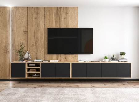Wisząca szafka RTV, NORD, 150x35x39 cm, dąb wotan, czarny, mat