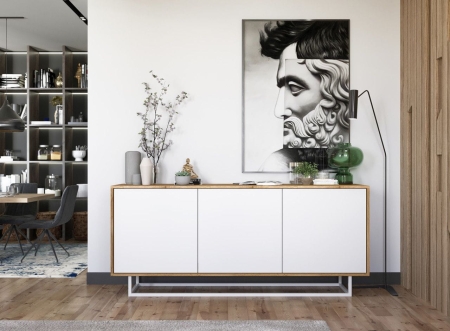Komoda do salonu, loft, NORD, 168x35x72 cm, dąb wotan, biel, mat