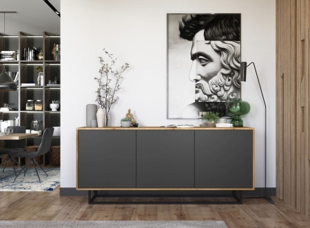 Komoda do salonu, loft, NORD, 168x35x72 cm, dąb wotan, grafit, mat