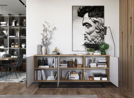 Komoda do salonu, loft, NORD, 168x35x72 cm, dąb wotan, grafit, mat