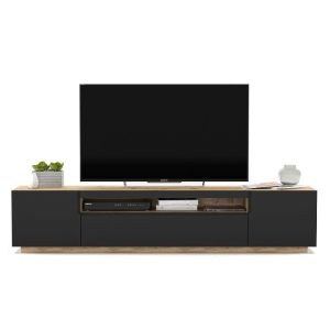 Szafka RTV, loft, industrialna, RUNO, 200x37x41 cm, dąb artisan, czarny, mat