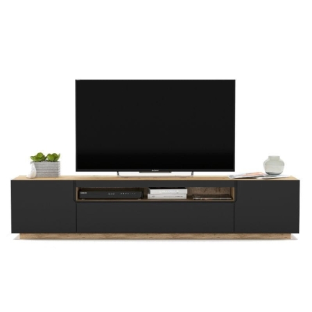 Szafka RTV, loft, industrialna, RUNO, 200x37x41 cm, dąb artisan, czarny, mat