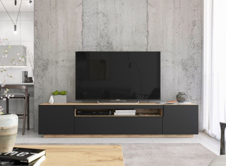 Szafka RTV, loft, industrialna, RUNO, 200x37x41 cm, dąb artisan, czarny, mat
