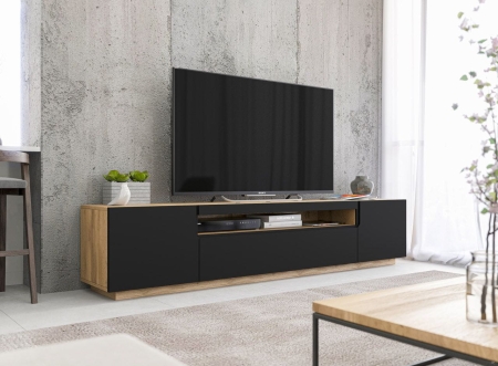Szafka RTV, loft, industrialna, RUNO, 200x37x41 cm, dąb artisan, czarny, mat