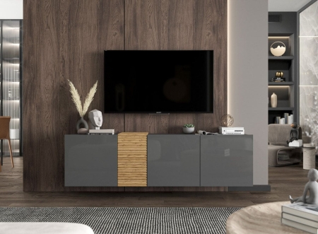 Szafka RTV, wisząca, TERRA, 160x38x45 cm, dąb artisan, grafit, połysk