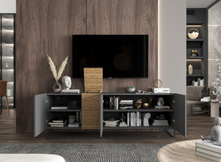Szafka RTV, stojąca, loft, TERRA, 160x38x57 cm, dąb artisan, grafit, połysk