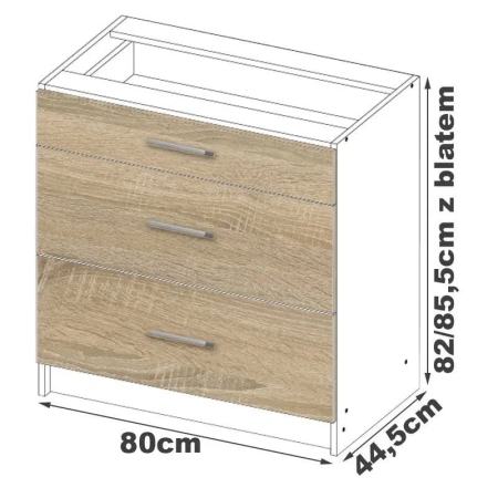 Szafka kuchenna, z blatem, 3 szuflady, SARA, 80x46x85 cm, biel, dąb sonoma, mat