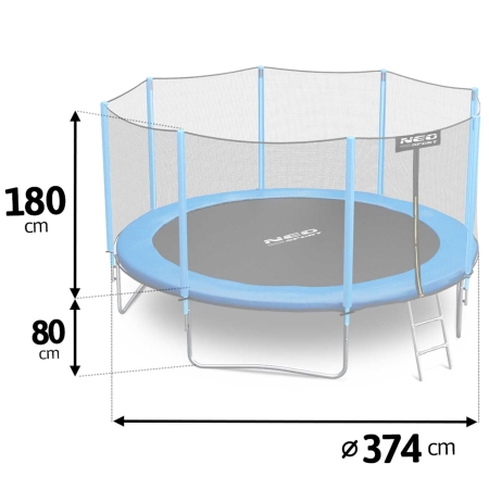 Trampolina ogrodowa, siatka zewnętrzna i drabinka, Neo-Sport, 12ft, 374 cm
