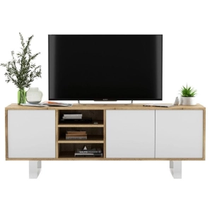 Szafka RTV, NORD, półki, 150x35x53 cm, dąb wotan, biel, mat