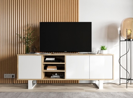Szafka RTV, NORD, półki, 150x35x53 cm, dąb wotan, biel, mat