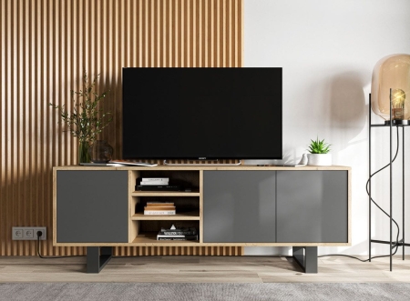 Szafka RTV, NORD, półki, 150x35x53 cm, dąb wotan, grafit, mat