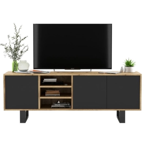 Szafka RTV, NORD, półki, 150x35x53 cm, dąb wotan, czarny, mat