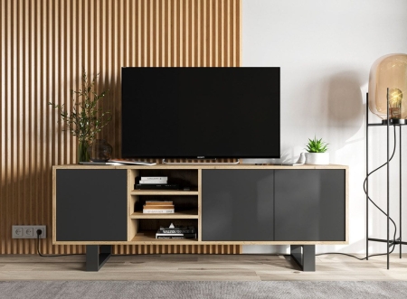 Szafka RTV, NORD, półki, 150x35x53 cm, dąb wotan, czarny, mat