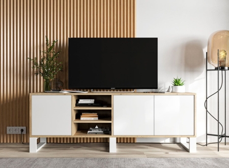 Szafka RTV, rama, NORD, 150x35x53 cm, dąb wotan, biel, mat