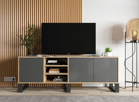 Szafka RTV, NORD, rama, 150x35x53 cm, dąb wotan, grafit, mat