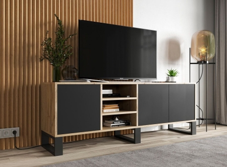 Szafka RTV, loft, NORD, rama, 150x35x53 cm, dąb wotan, czarny, mat