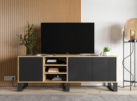 Szafka RTV, loft, NORD, rama, 150x35x53 cm, dąb wotan, czarny, mat