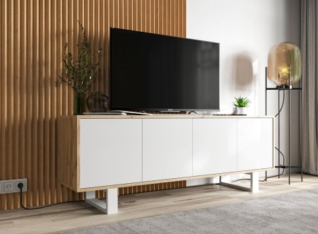 Komoda RTV, loft, NORD, rama, 150x35x53 cm, dąb wotan, biel, mat