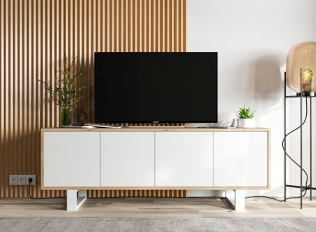 Komoda RTV, loft, NORD, rama, 150x35x53 cm, dąb wotan, biel, mat