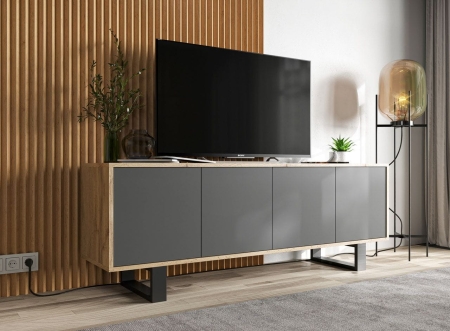 Komoda RTV, loft, NORD, rama, 150x35x53 cm, dąb wotan, grafit, mat
