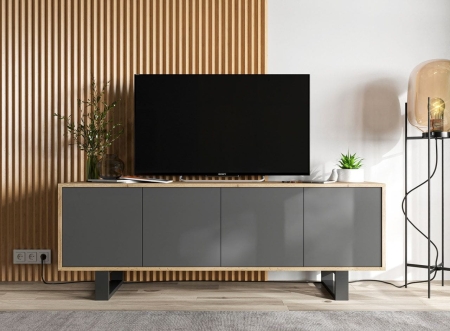 Komoda RTV, loft, NORD, rama, 150x35x53 cm, dąb wotan, grafit, mat