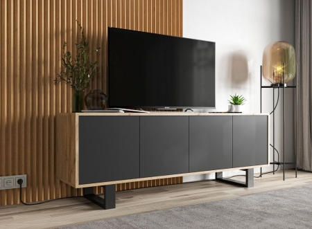 Komoda RTV, NORD, rama, 150x35x53 cm, dąb wotan, czarny, mat