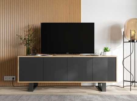 Komoda RTV, NORD, rama, 150x35x53 cm, dąb wotan, czarny, mat