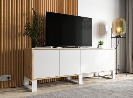Komoda RTV, NORD, 150x35x53 cm, dąb wotan, biel, mat