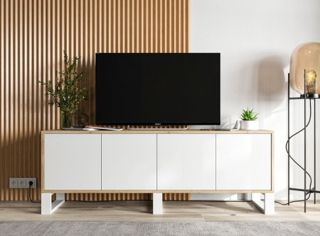 Komoda RTV, NORD, 150x35x53 cm, dąb wotan, biel, mat