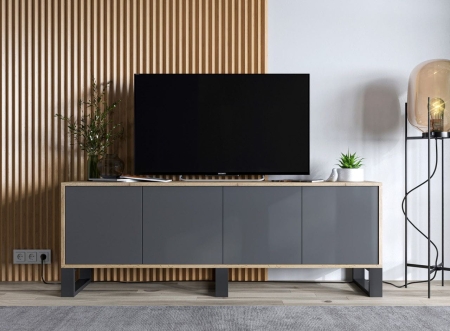 Komoda RTV, loft, NORD, rama, 150x35x53 cm, dąb wotan, grafit, mat