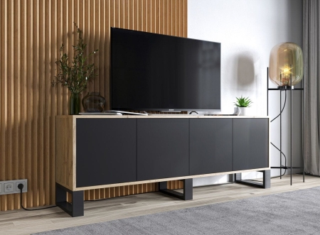 Komoda RTV, NORD, rama, 150x35x53 cm, dąb wotan, czarny, mat